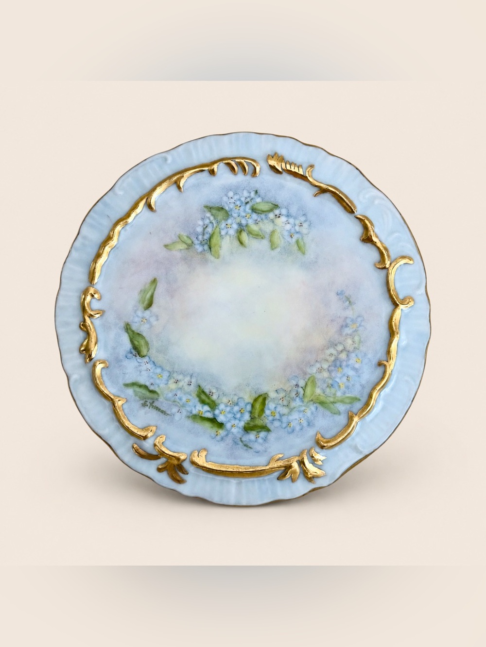 Antique Hand Painted Forget Me Not Porcelain Trivet Plate Blue Gold Gilt 6 Inch